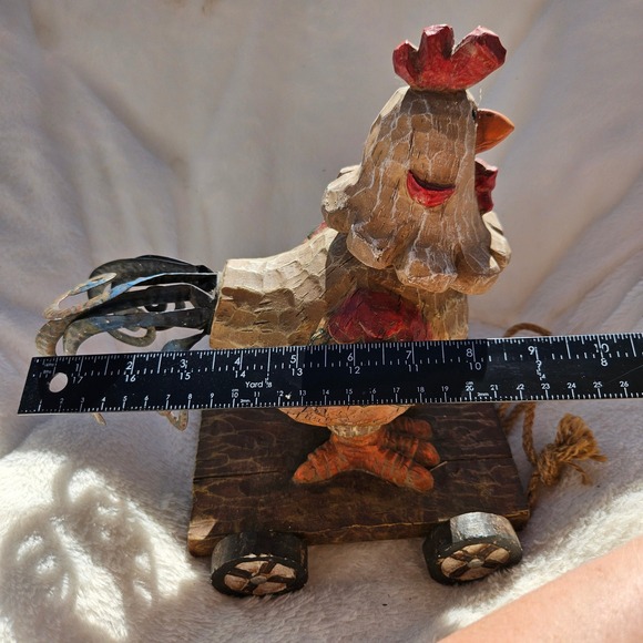 Rustic Wooden "Pull" Ceramic Chicken Folk Art Farmhouse Decor Unique Gift - Picture 7 of 9